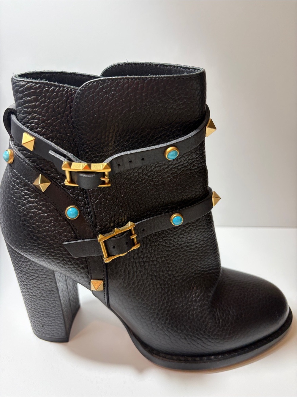 Valentino Garavani Black Leather Studded Ankle Boots with Turquoise Accents size